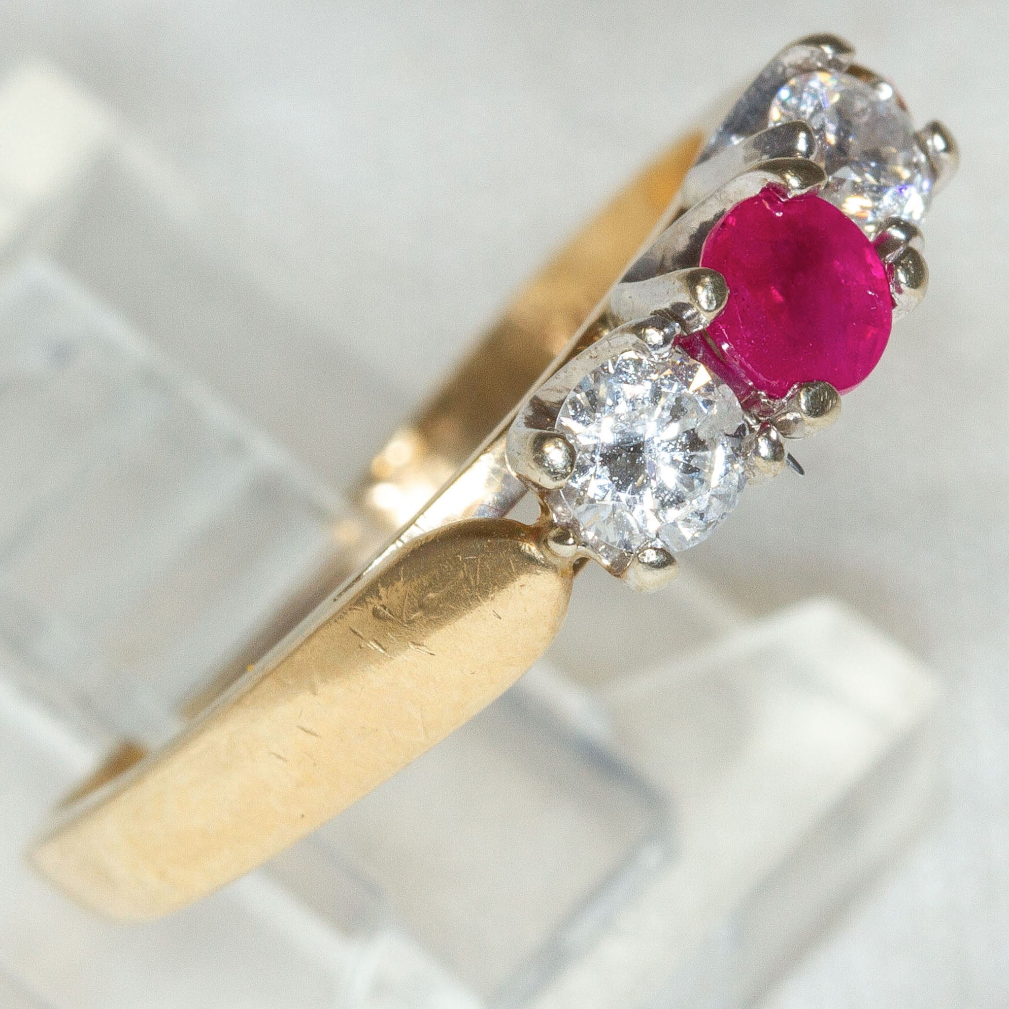 Classic Three-Stone 14k Yellow Gold Ruby and Diamond Ring - Size 6
