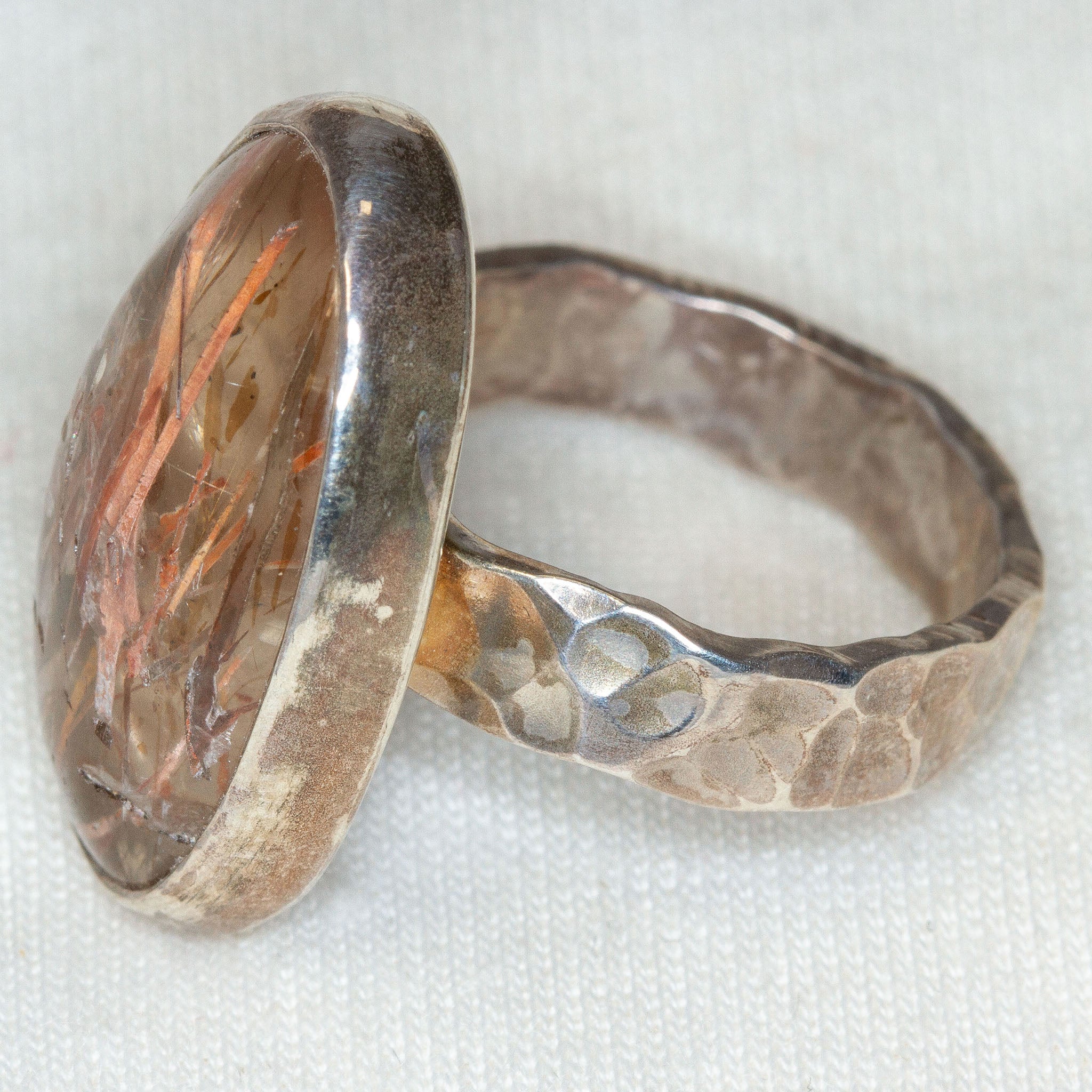 Artisan Hammered Sterling Silver Rutilated Quartz Ring - Size 7 1/2