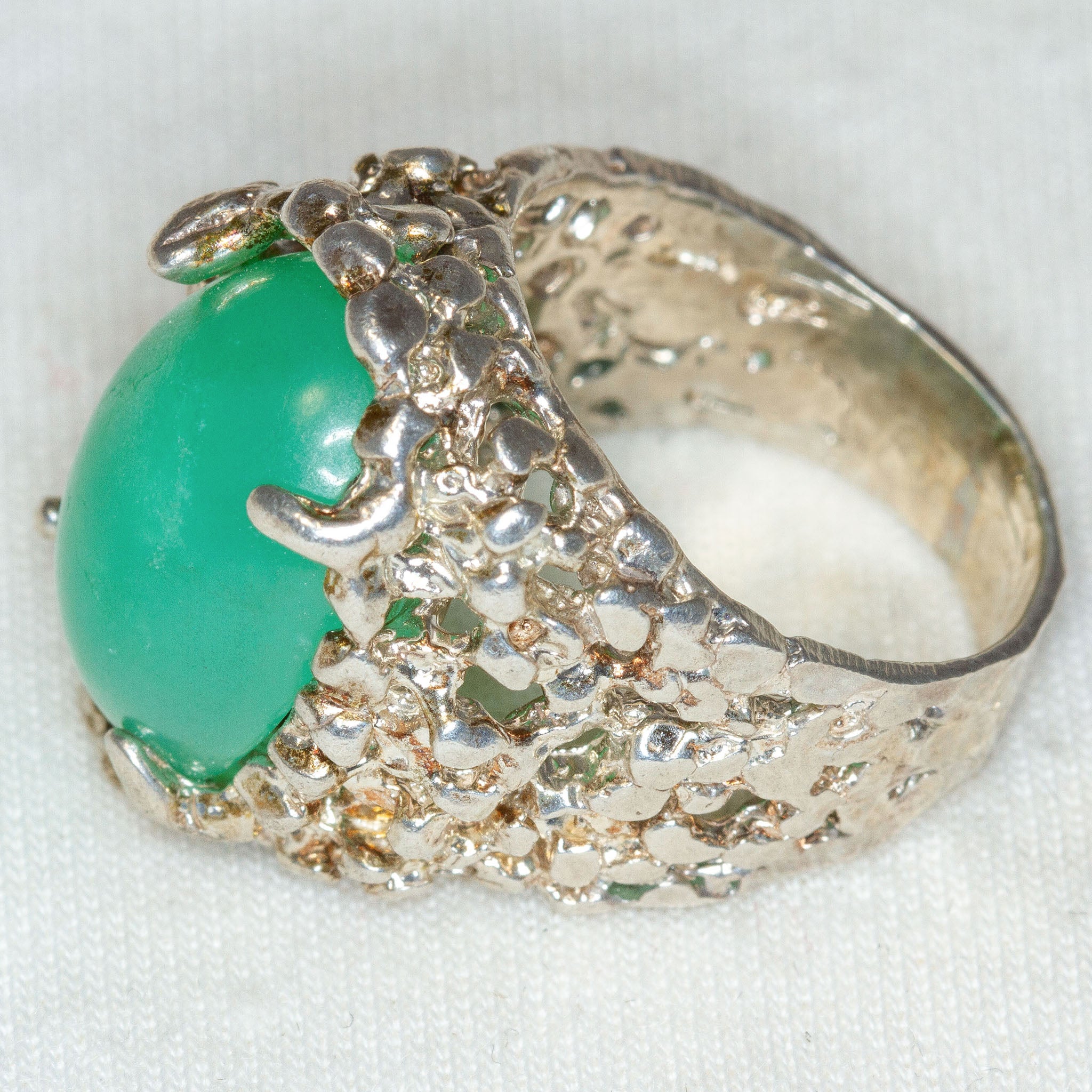 Artisan Sculptural Sterling Silver Green Jade Statement Ring - Size 6 1/2
