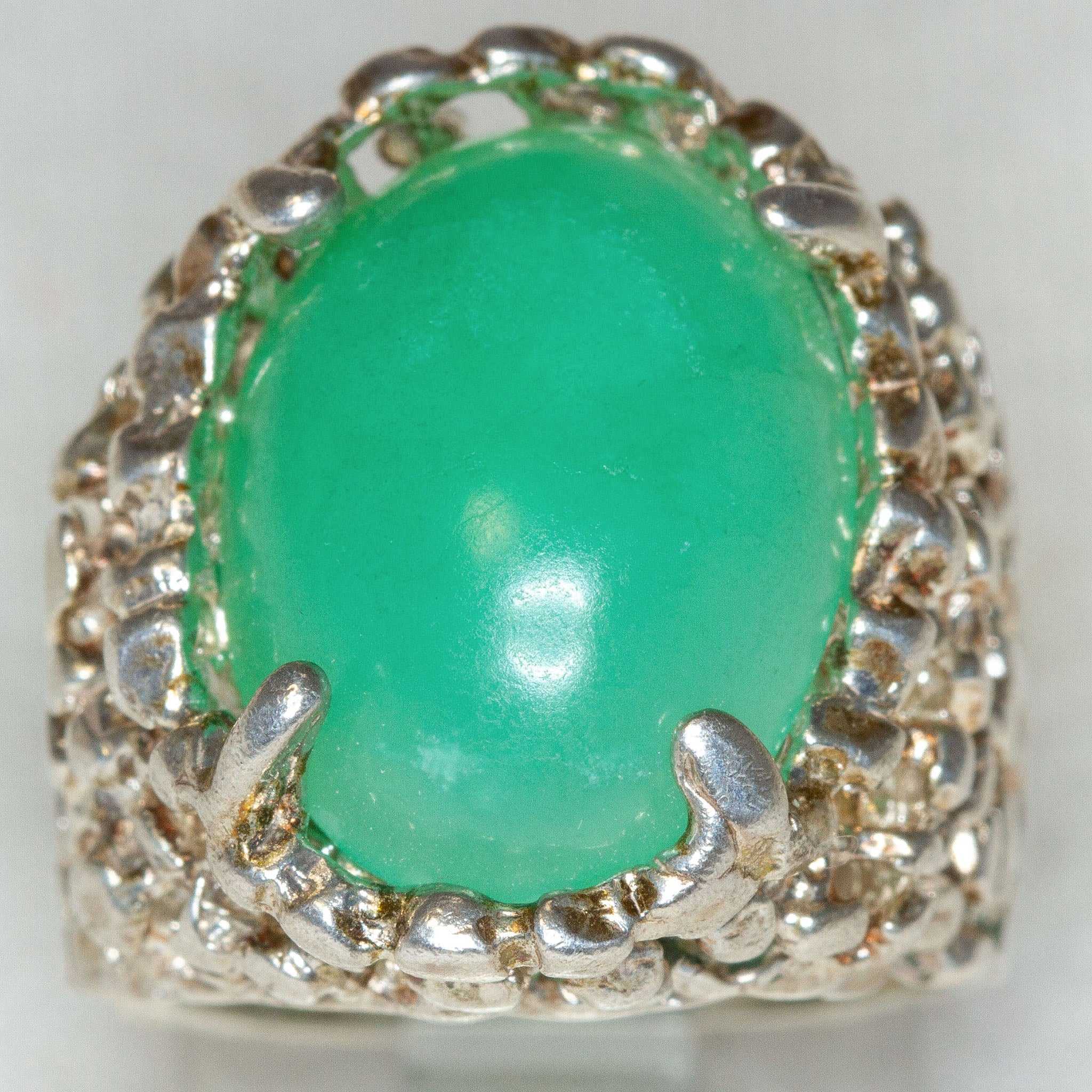 Artisan Sculptural Sterling Silver Green Jade Statement Ring - Size 6 1/2