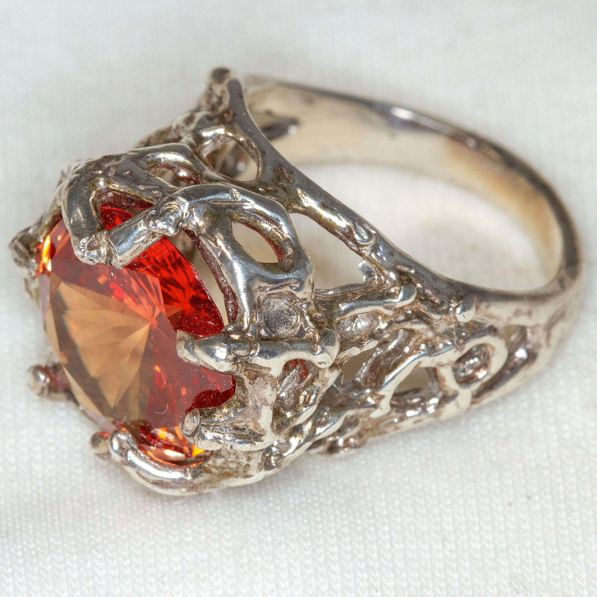 Artisan Sculptural Sterling Silver Ring with 15mm Padparadscha-Color Synthetic Sapphire - Size 8 1/4