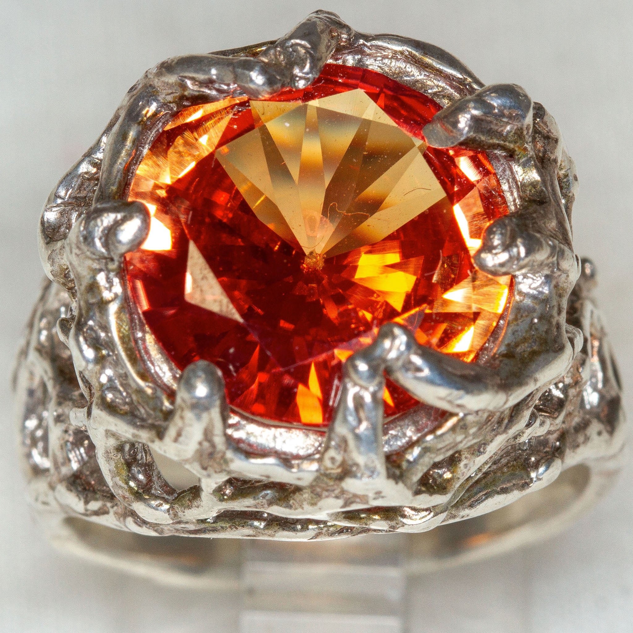 Artisan Sculptural Sterling Silver Ring with 15mm Padparadscha-Color Synthetic Sapphire - Size 8 1/4 Secondary image