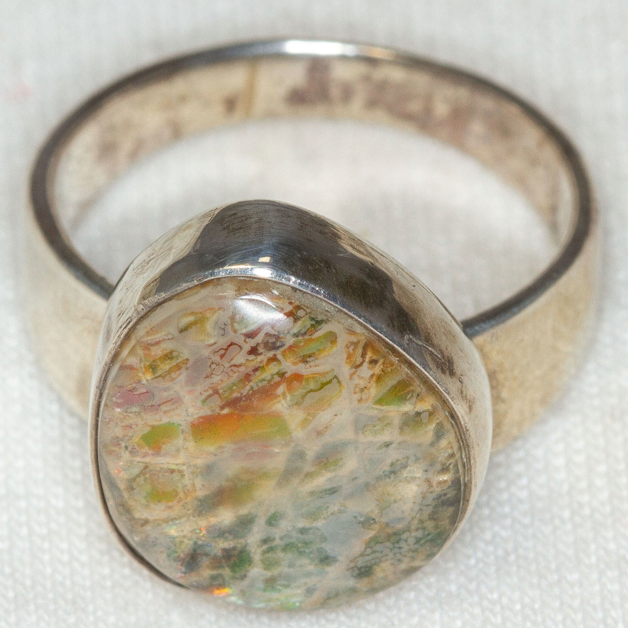 Artisan Sterling Silver Free-Form Ammolite Statement Ring - Size 7