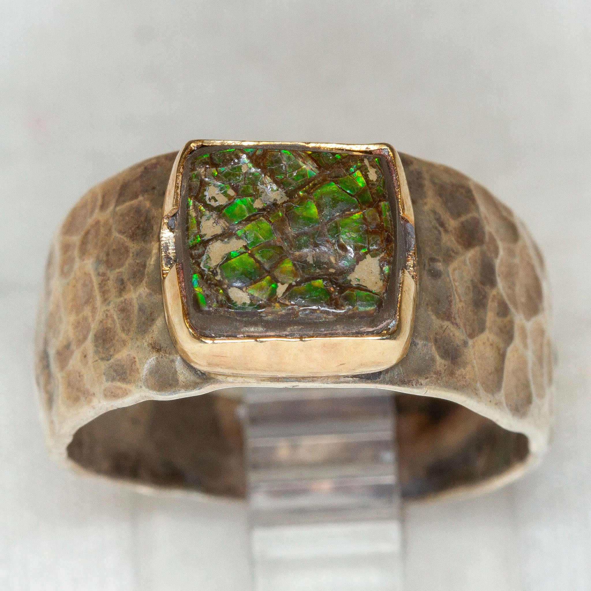 Artisan Hammered Sterling Silver Ring with 8x8mm Ammonite - Size 8