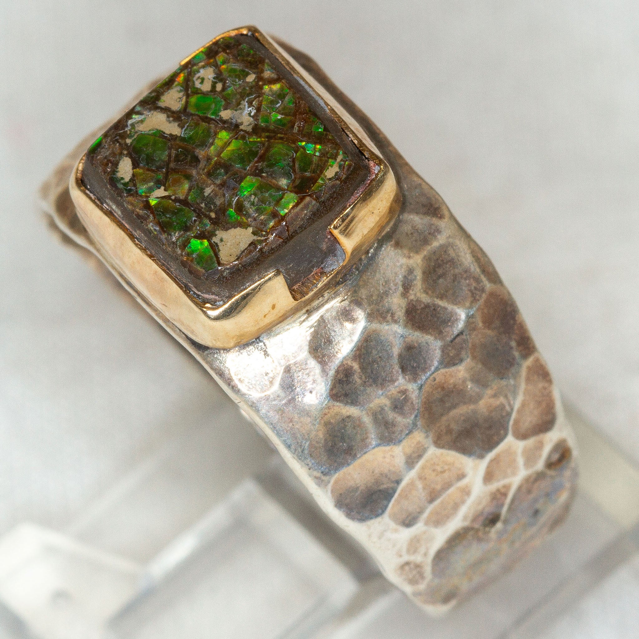 Artisan Hammered Sterling Silver Ring with 8x8mm Ammonite - Size 8