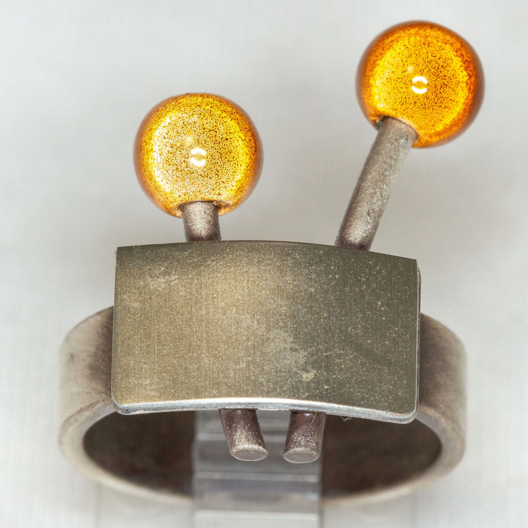 Brushed Aluminum Statement Ring with Copper-Toned Spheres