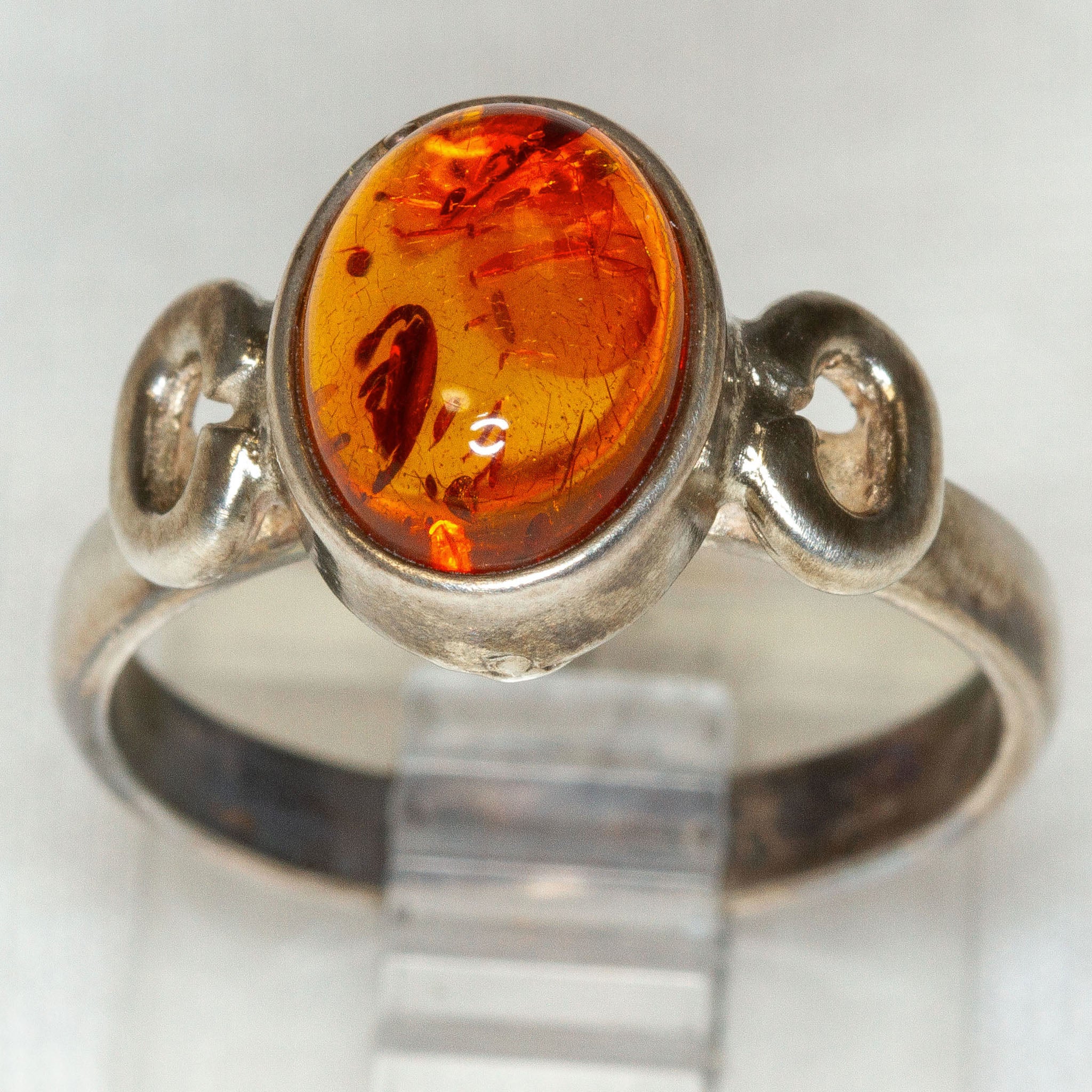 Sterling Silver Golden Amber Cabochon Ring - Size 5.75
