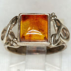 925 Silver Square Amber Ring - Size 6.5