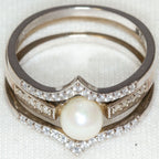 925 Silver Pearl and Accent Stone 3-Ring Set - Size 7
