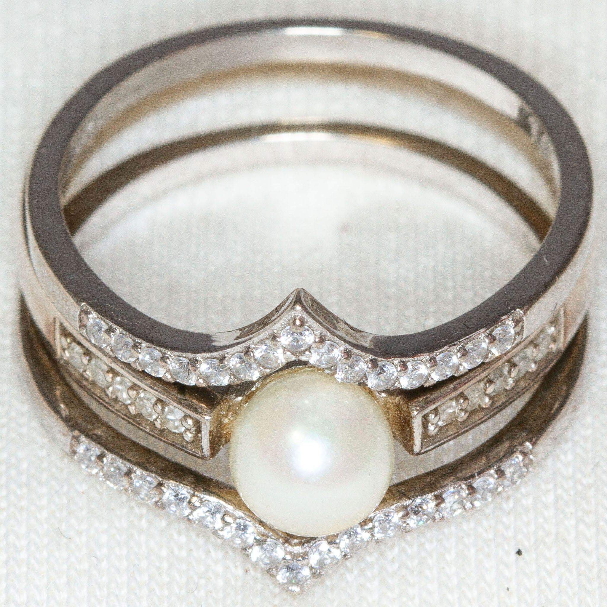 925 Silver Pearl and Accent Stone 3-Ring Set - Size 7