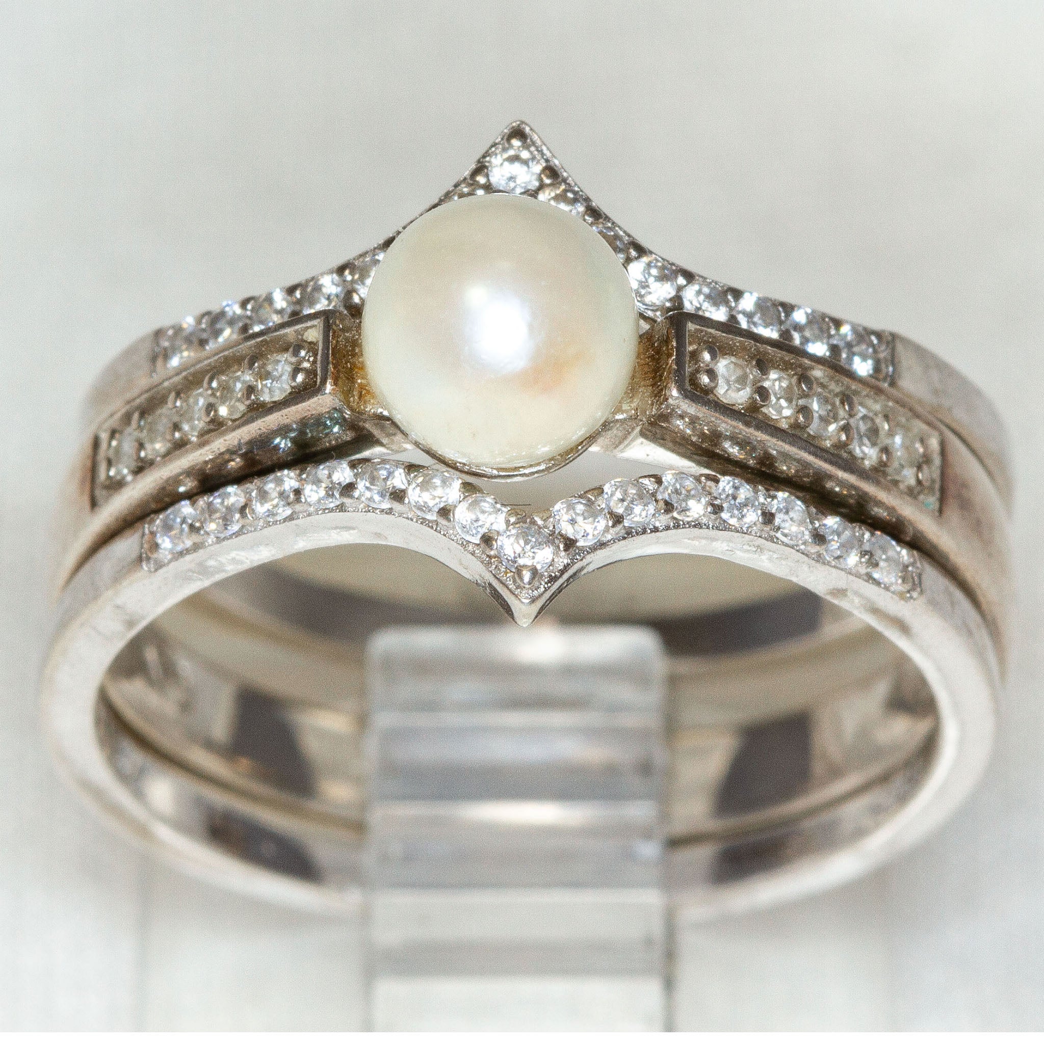 925 Silver Pearl and Accent Stone 3-Ring Set - Size 7 Secondary image