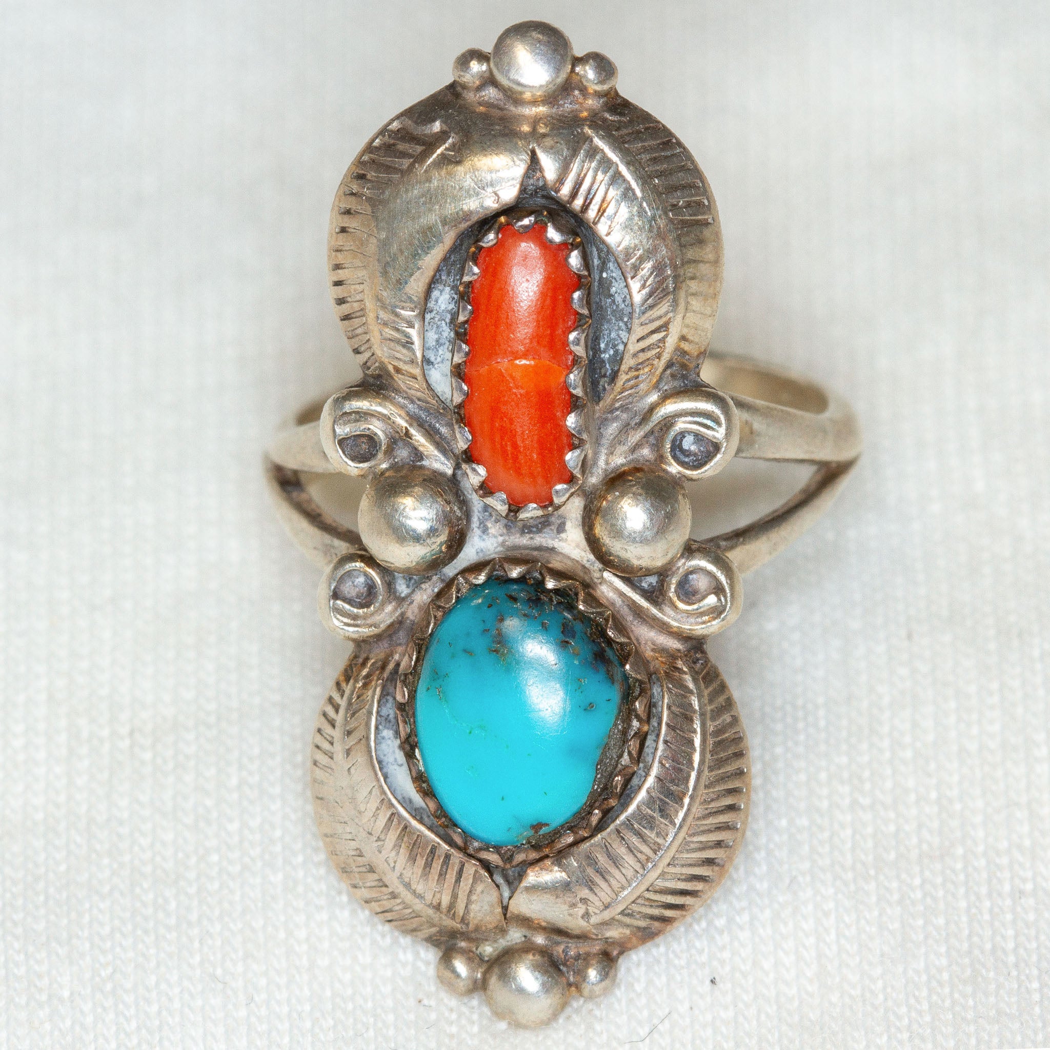 925 Silver Turquoise and Carnelian Statement Ring - Size 6