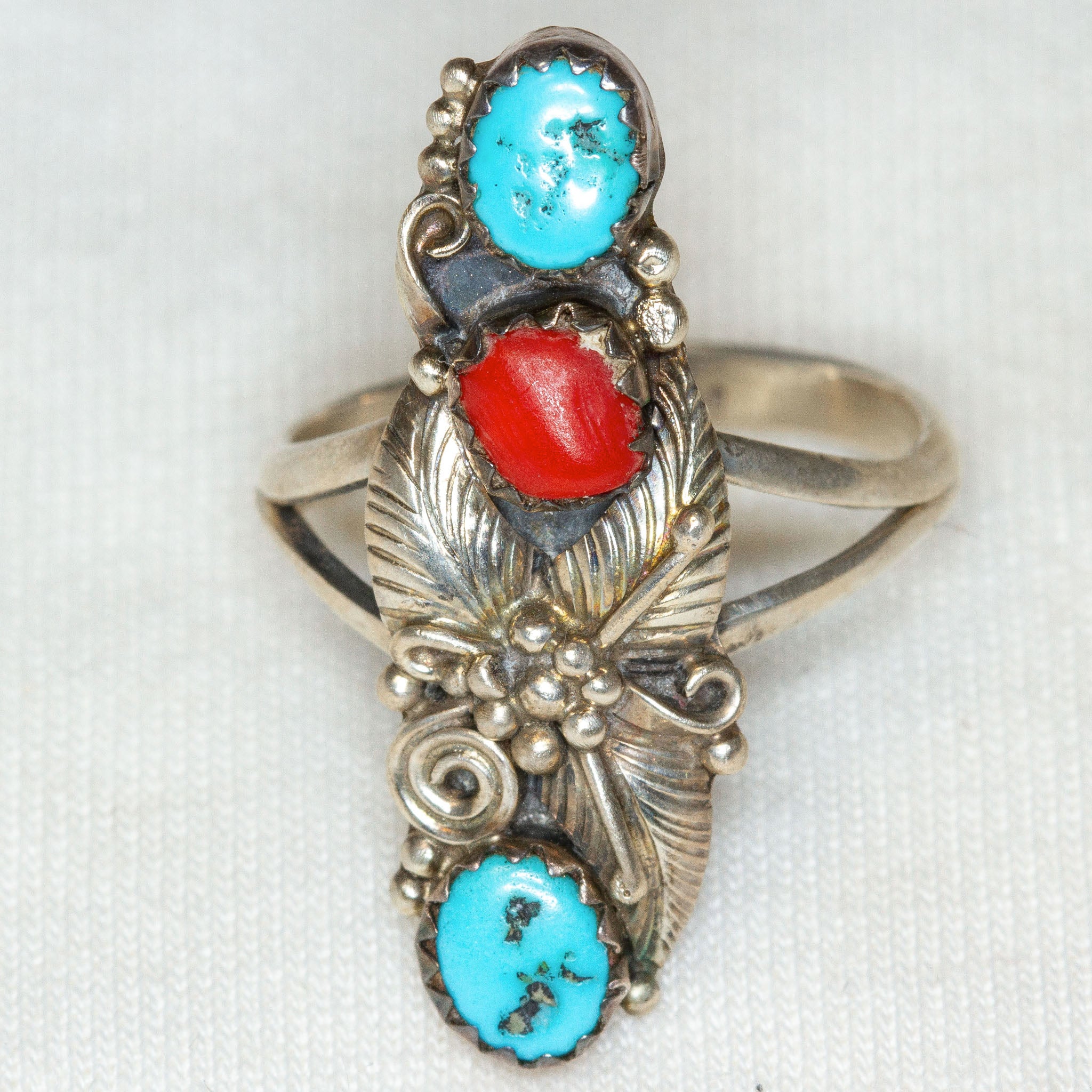 925 Silver Turquoise and Carnelian Statement Ring - Size 7.5