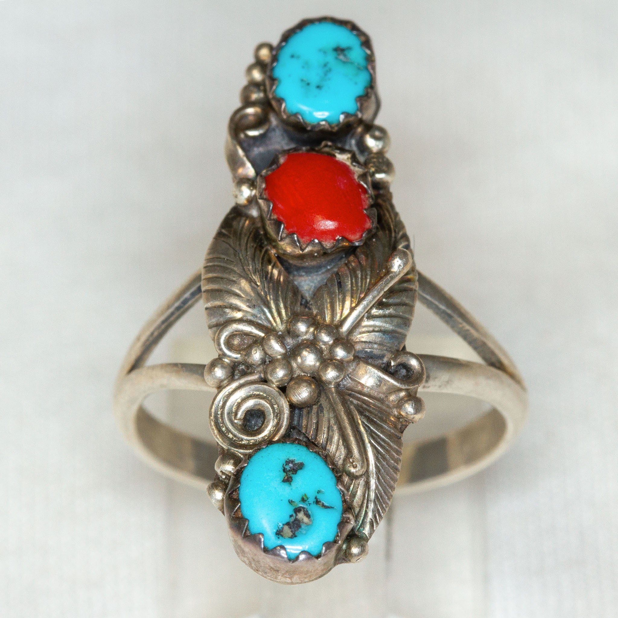 925 Silver Turquoise and Carnelian Statement Ring - Size 7.5