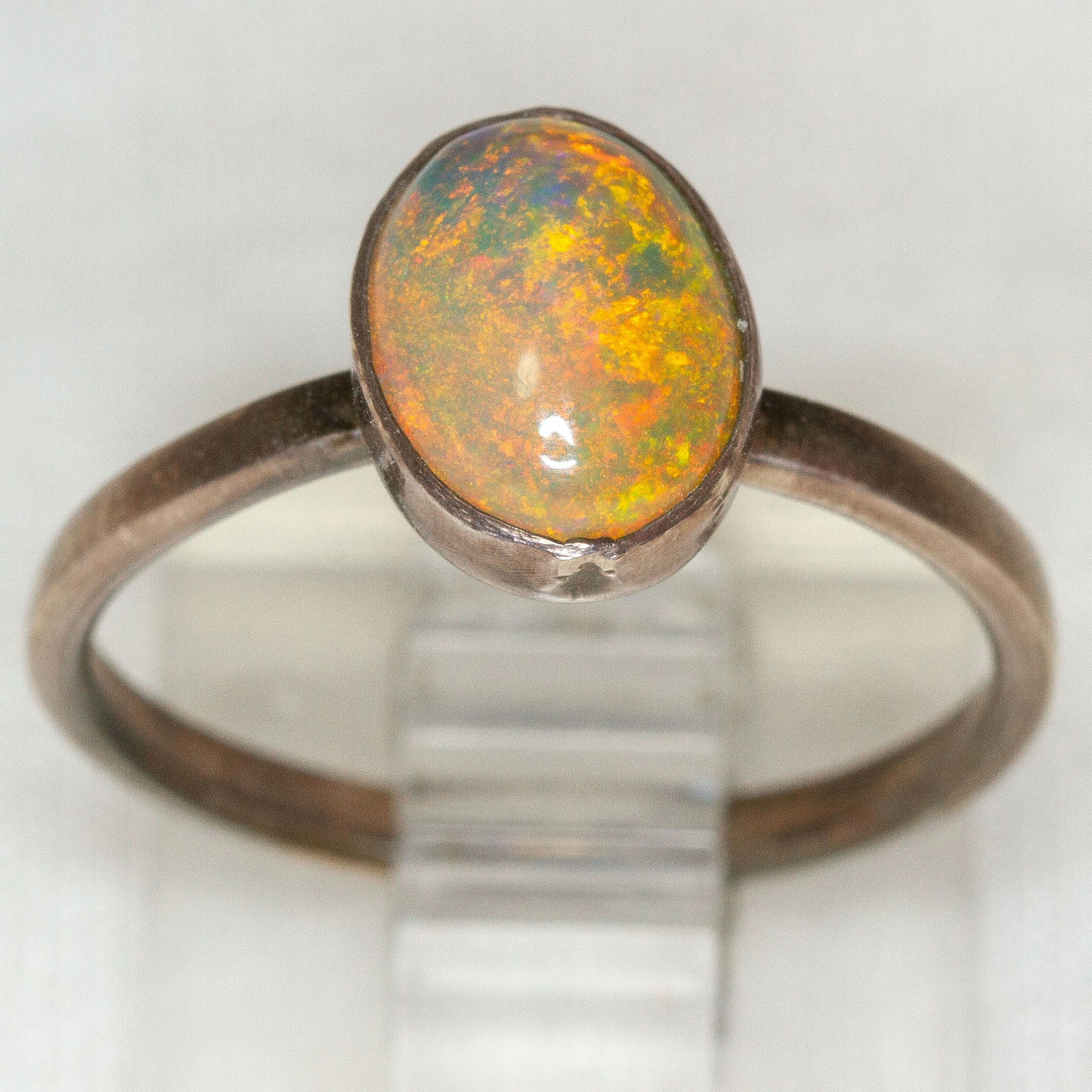 925 Silver Ring with 8x10mm Ethiopian Opal Cabochon - Size 6.5