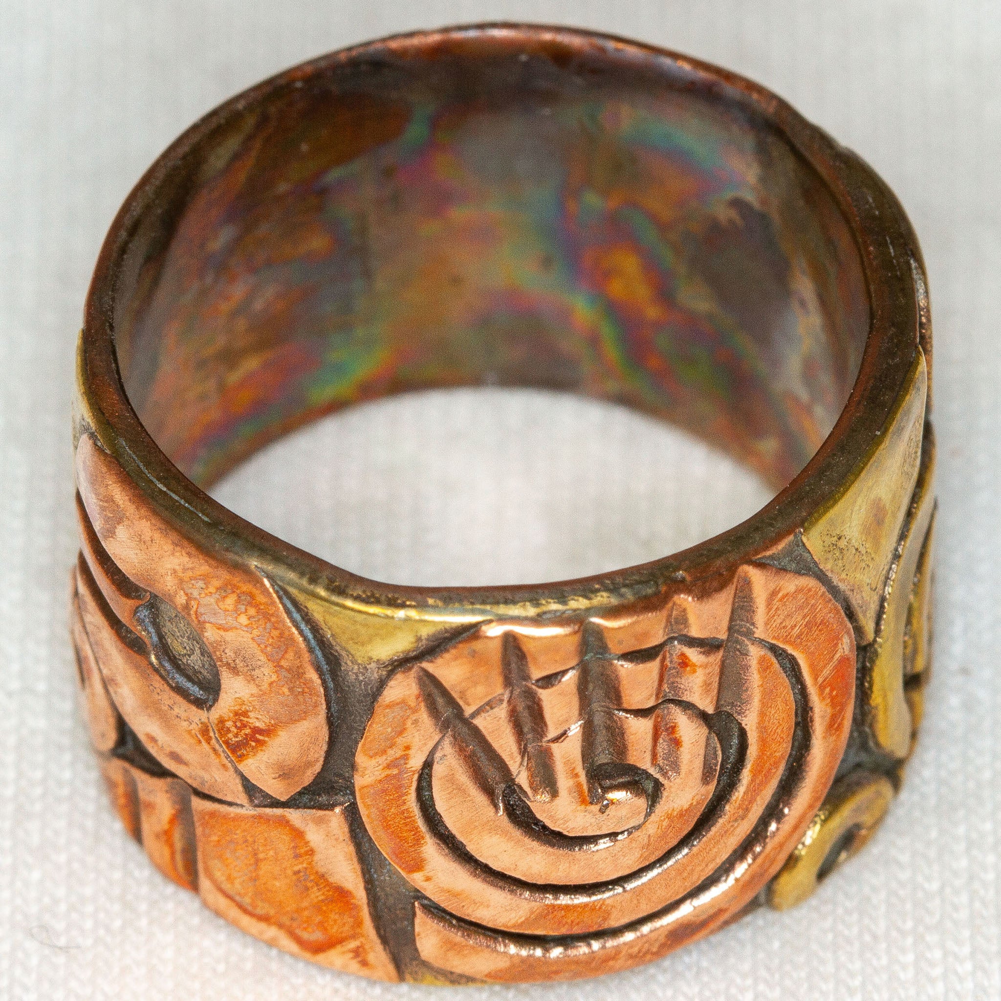 925 Silver Multi-Metal Statement Ring with Copper and Brass Inlay - Size 8