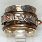925 Silver Triple Spin Ring with Ruby Cabochons - Size 5.25