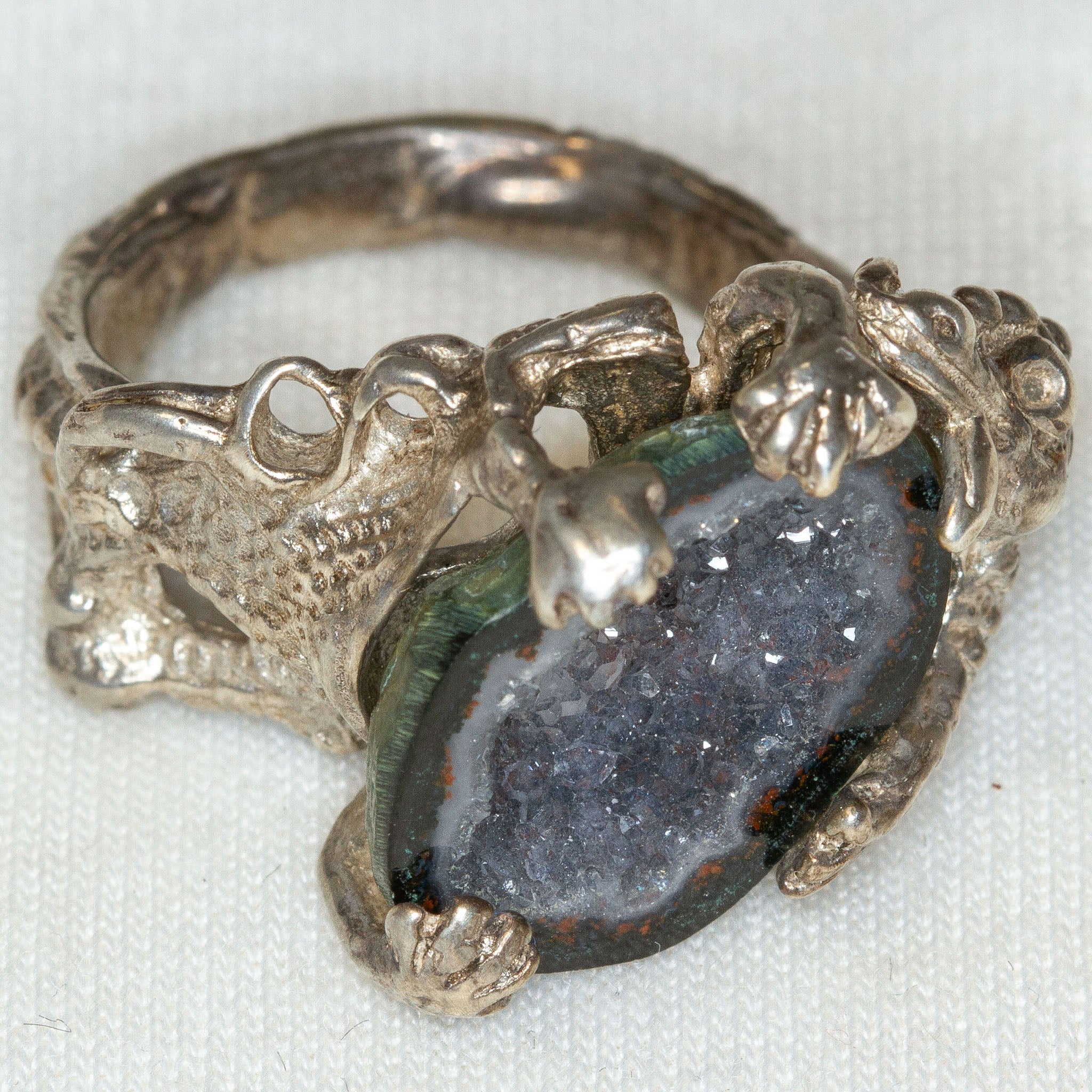 925 Silver Lizard and Blackish Geode Ring - Size 5